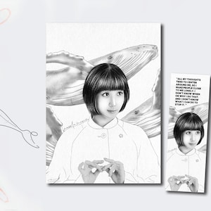 May include: A black and white illustration of a woman with short black hair. She is wearing a white shirt and is surrounded by whales. The quote "All my thoughts tend to centre around me, so I make people close to me lonely. I don't know when or why I do that, and I don't know what I can do to stop it." is written on the right side of the image.