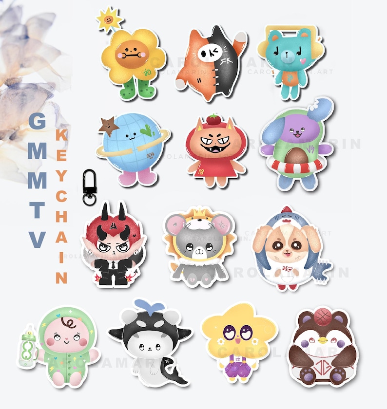 May include: A collection of colorful cartoon character keychains. The keychains feature various designs, including a flower, cat, bear, globe, and baby. The word "KEYCHAIN" is printed vertically in the image.