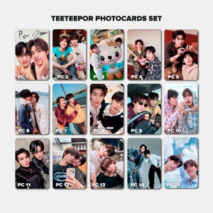 May include: A set of fifteen rectangular photocards titled TEETEEPOR PHOTOCARDS SET, each featuring different photographic portraits of two individuals in various settings, outfits, and poses, labeled PC 1 through PC 15 in white text.
