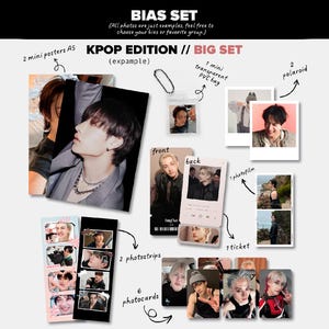 May include: A KPOP Edition Bias Set, featuring two mini A5 posters, a transparent PVC bag, two polaroids, a photofilm, a ticket, two photostrips, and six photocards. The set includes images of a KPOP artist. The text on the image reads "BIAS SET".