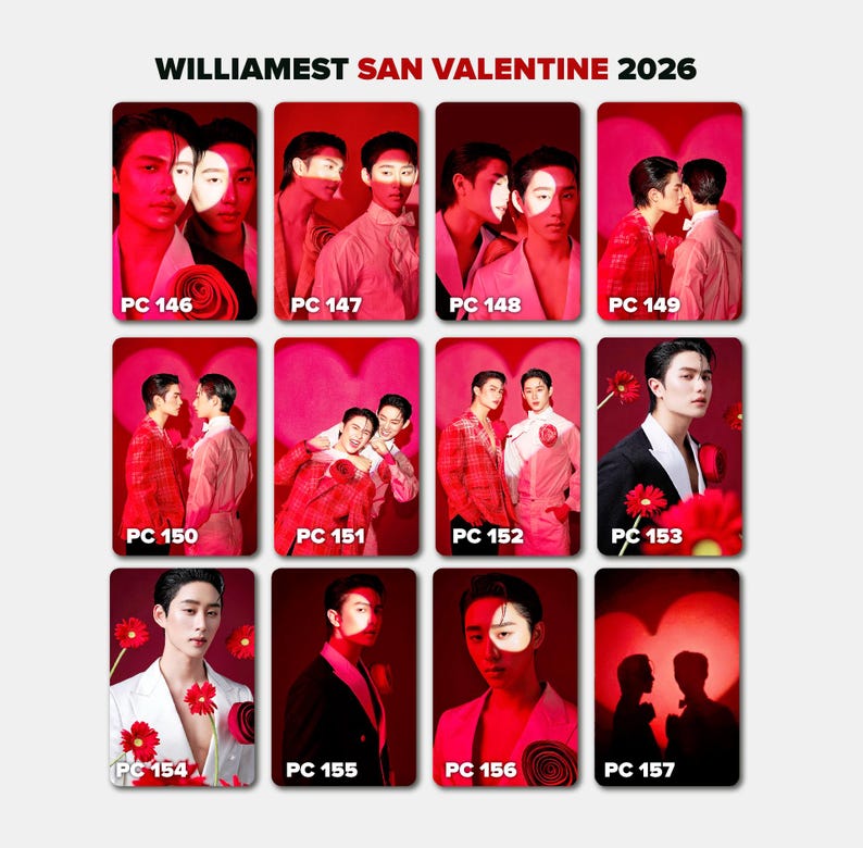 May include: A collection of twelve Valentine's Day themed photo cards. The cards feature images of men in various poses, with a red and pink color scheme. The text "WILLIAMEST SAN VALENTINE 2026" is at the top.