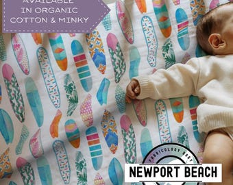 Newport Beach Surfboard Colors Fitted Crib Sheet in Organic Cotton or Minky.