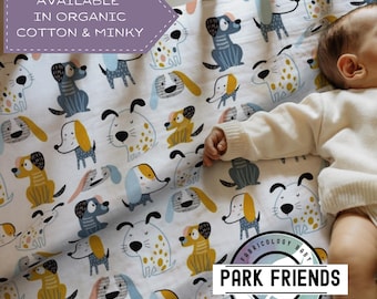 Park Friends Dog Themed Fitted Crib Sheet in Organic Cotton or Minky.
