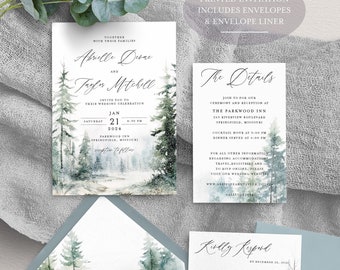 Winter Wedding Invitations, Snowy Forest with mountains and lake, Dusty Blue winter wedding, Blue January Colorado wedding, Printed Suite