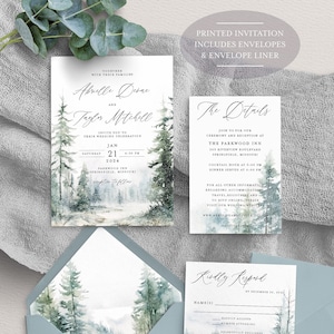 May include: A wedding invitation suite featuring a watercolour forest scene. The invitation includes the couple's names, wedding date, and location. The details card provides information about the ceremony and reception. The RSVP card has a space for guests to provide their names and RSVP by 30 December 2024.