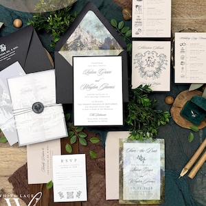May include: A collection of wedding stationery, including invitations, RSVP cards, and save-the-date cards. The suite features a mountain landscape design and includes the text "LAKEN MOUNTAIN SUITE" and "Save the Date". The color palette includes white, black, and green.