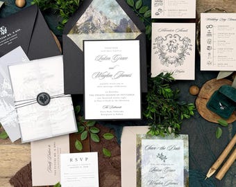 Mountain Wedding Invitation Suite w/ Vellum Jacket | Forest Wedding Invitations | Colorado Invite | Rustic Luxury Wedding Stationer Printed