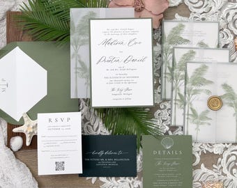 Green Palm Tree Wedding Invitation Suite | Vellum Jacket, RSVP & Details Card, Assorted Colors