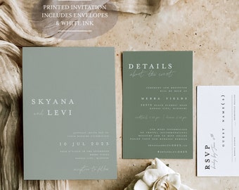 Sage Green Wedding Invitation Suite: Modern White Ink Design
