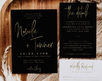 Real Gold Foil black wedding invitation suite, gold foiling print, luxury black wedding invitations, Modern black invite, quality foil print