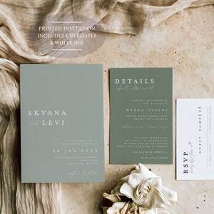May include: A sage green wedding invitation suite with white text. The invitation card reads "Skyana and Levi" with the date "10 Jul 2023". The details card reads "Details about the coast" and includes the names "Meera Fields" and the date "10 Jul 2023". The RSVP card reads "RSVP" and has a line for the guest name.