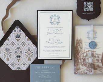 Dusty Blue Wedding Invitations, European Villa Invitation Suite, Vellum Wrap, Destination Wedding Invitations, Verona Suite