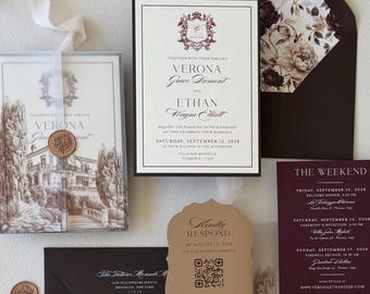 Burgundy Wedding Invitations, European Villa Invitation Suite, Vellum Wrap, Italian Wedding Invitations, Verona Suite