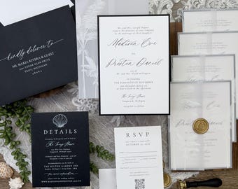 Black and White Palm Tree Wedding Invitation Suite | Vellum Jacket, RSVP & Details Card, Assorted Colors