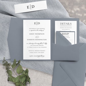 Dusty Blue Wedding Invitation,  Pocketfold Wedding Invitation, Monogram Wedding, Grey Blue Wedding Invitation, Modern Wedding Invitation
