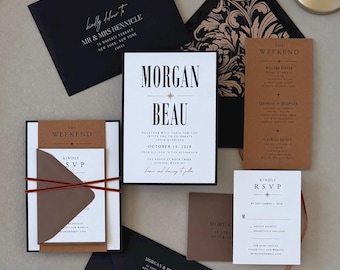 May include: A wedding stationery suite featuring black envelopes with white text, white invitation cards with black typography, and brown paper inserts. The set includes an RSVP card, a weekend itinerary, and a belly band secured with thin red string.