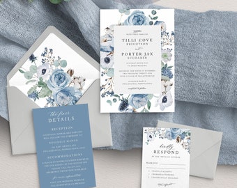 Dusty Blue Floral wedding invitation suite, Blue wedding, Elegant Winter wedding, slate blue and grey, Flower envelope liner, printed suite