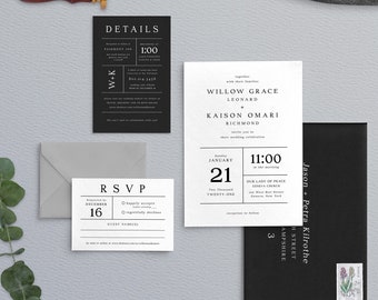 Modern Wedding Invitation - Black and White Wedding Invitation -Luxury Wedding - Monochrome Invitation - Minimalist Wedding - White Ink