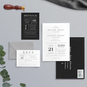 Modern Wedding Invitation - Black and White Wedding Invitation -Luxury Wedding - Monochrome Invitation - Minimalist Wedding - White Ink