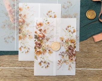 Sobre de invitación de boda con vitela de flores silvestres de terracota floral: envoltorio de tarjeta impreso de 5x7