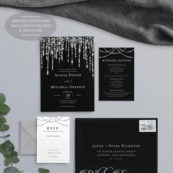 Modern Wedding Invitation - Black and White Wedding Invitation - Fairy Light Wedding Invite - Black Tie - White Ink Printed Invitation