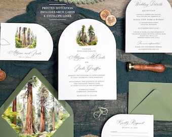 Arch Wedding Invitations, Rustic Forest Country Wedding, Rounded Edge, Redwood Forest Watercolor, Woodland Pine, Sequoia Tree PRINTED