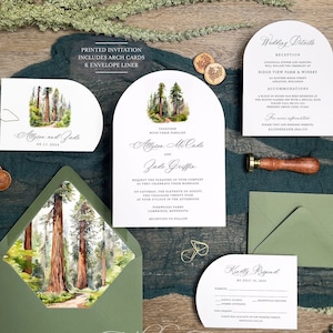 Arch Wedding Invitations, Rustic Forest Country Wedding, Rounded Edge, Redwood Forest Watercolor, Woodland Pine, Sequoia Tree PRINTED