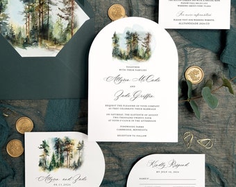 Arch Wedding Invitations, Rustic Forest Country Wedding, Rounded Edge Invitation, Pine Tree Watercolor Envelope Liner,Woodland Pine, PRINTED
