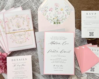 Wildflower Wedding Invitation Suite: Vellum Jacket, Gold Thread & Envelope Liner