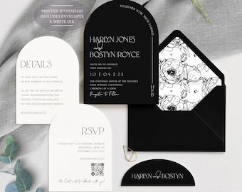 Black arch wedding invitation suite with white ink print, black die cut wedding, fine art botanical envelope liner, Printed with online RSVP