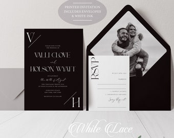 PRINTED Black and White Wedding Invitations, Black Modern Retro Logo, Photo Envelope Liner, Engagement picture, Trendy Modern, Minimalistic