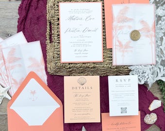 Coral and Peach Palm Tree Wedding Invitation Suite | Vellum Jacket, RSVP & Details Card, Assorted Colors