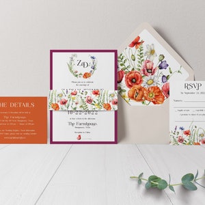 Bright Wildflower Wedding Invitation Colorful Wedding Eucalyptus Wedding Spring Wedding Flower Wedding White Ink Printed image 1