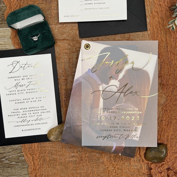Gold Foil Modern Wedding Invitation Vellum Custom Photo, Elegant Semi-Transparent, Minimalist Gold Foil Details, RSVP, PRINTED Jordy Suite