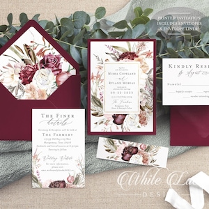 Printed Burgundy Wedding Invitation Suite: Floral Greenery Design