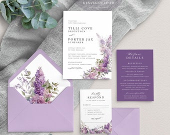 Purple Lavender wedding invitations, Dark and Light Purple, Flower Wedding, Spring Summer Wedding, Elegant Printed Lilac Wedding