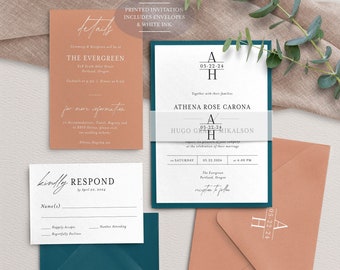 PRINTED Terracotta Invitation Suite - Terracotta Teal Wedding -White Ink -Vellum Band - Mountain Wedding - Boho Wedding - Desert Wedding