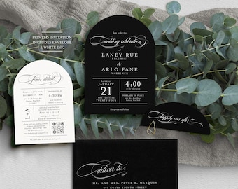 Black Arch Wedding Invitation: Modern White Ink Design