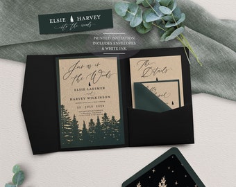 Into the Woods Wedding Invitation, Forest Celebration, Mountain Wedding, Dark Green, Pocketfold Card, Printed Invitation with White Ink