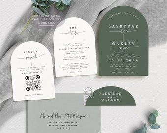 Sage Green Arch Wedding Invitation, Printed Green Wedding Invite with White ink, Eucalyptus theme wedding, Minimalistic Modern Arch Cut