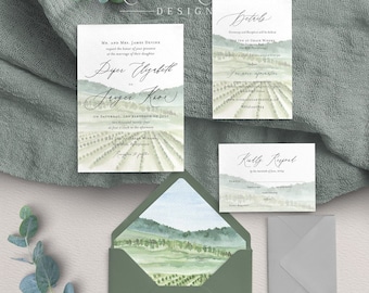 May include: A green and white wedding invitation suite with a watercolor illustration of a vineyard. The invitation includes the names "Dyer Elizabeth" and "Jager Kire" and the date "Saturday, the Eleventh of July, two thousand twenty-four". The details card includes the text "The Inn at Grace Winery" and the RSVP card includes the text "Kully Resort".