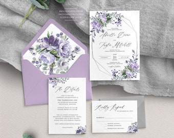 Purple Wedding Invitation - Lavender Wedding - Purple Flower Wedding - Winter Wedding - Greenery Wedding - Printed Invitation with Liner