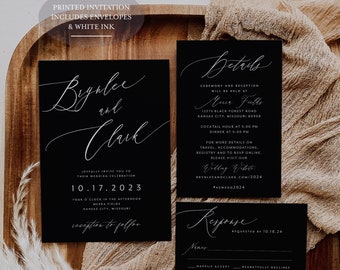 White Ink - Black Wedding Invitation - Black and White Wedding - Luxury Invitation- Modern Invitation - Minimalist Wedding - Printed Suite