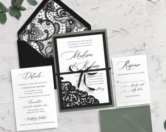 Black Wedding Invitation, Rustic Wedding Invitation, Modern Wedding, Simple wedding, Lace Wedding, Black and Green, Boho Wedding, Printed