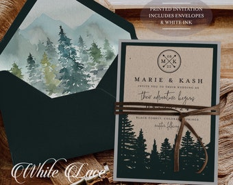 Rustic Forest Wedding Invitation, Dark Green Misty Woodland, Mountain Wedding, Outdoor Woodland Pine Tree, Printed Wedding Invitation Suite