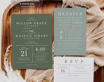 May include: A green and white wedding invitation suite with the names Willow Grace Leonard and Kaison Omari Richmond. The invitation includes the date and time of the ceremony, the location, and the reception details. The RSVP card includes a request for a response by December 16th.