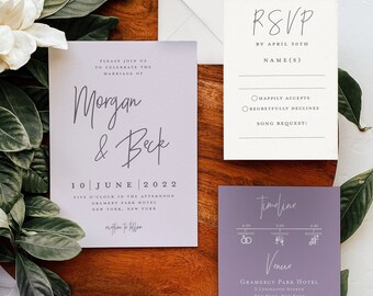 Light Purple Wedding Invitation Suite: Modern Minimalist Design