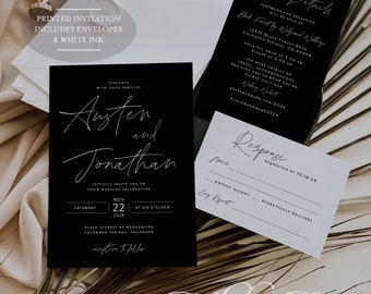 Black wedding invitation suite printed in white ink, Modern and Minimalist black and white theme wedding, Luxury Invitations, White Lace