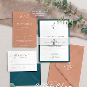 May include: A collection of wedding stationery, including invitations, RSVP cards, and envelopes. The color palette features teal, peach, and white. The invitations include the text "Details", "Kindly Respond", and "Printed Invitation Includes Envelopes & White Ink".