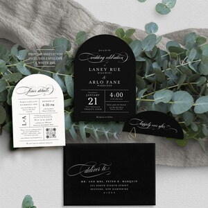Black Arch Wedding Invitation: Modern White Ink Design